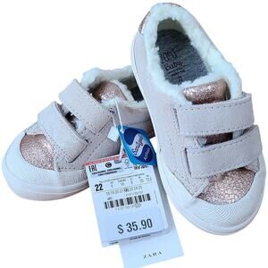 ZARA Baby NEW Sherpa Suede Leather Sneakers Copper Pink Toddler Girl Sz 6 Cozy